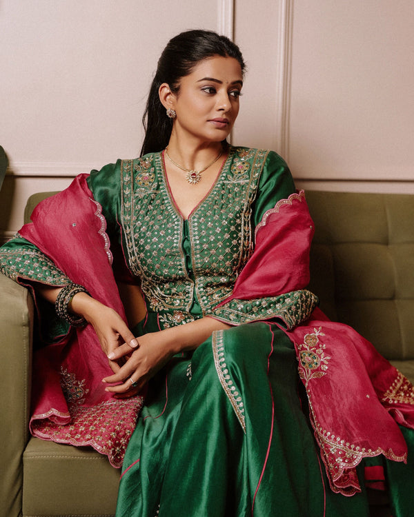 Priyamani Raj In Mahogany Green Chanderi Silk Set