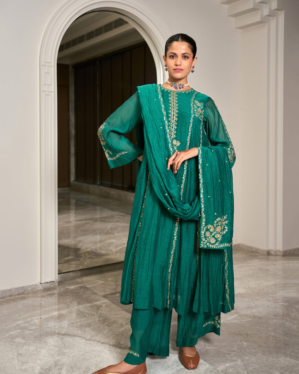Turquoise Embroidered Chanderi Suit Set