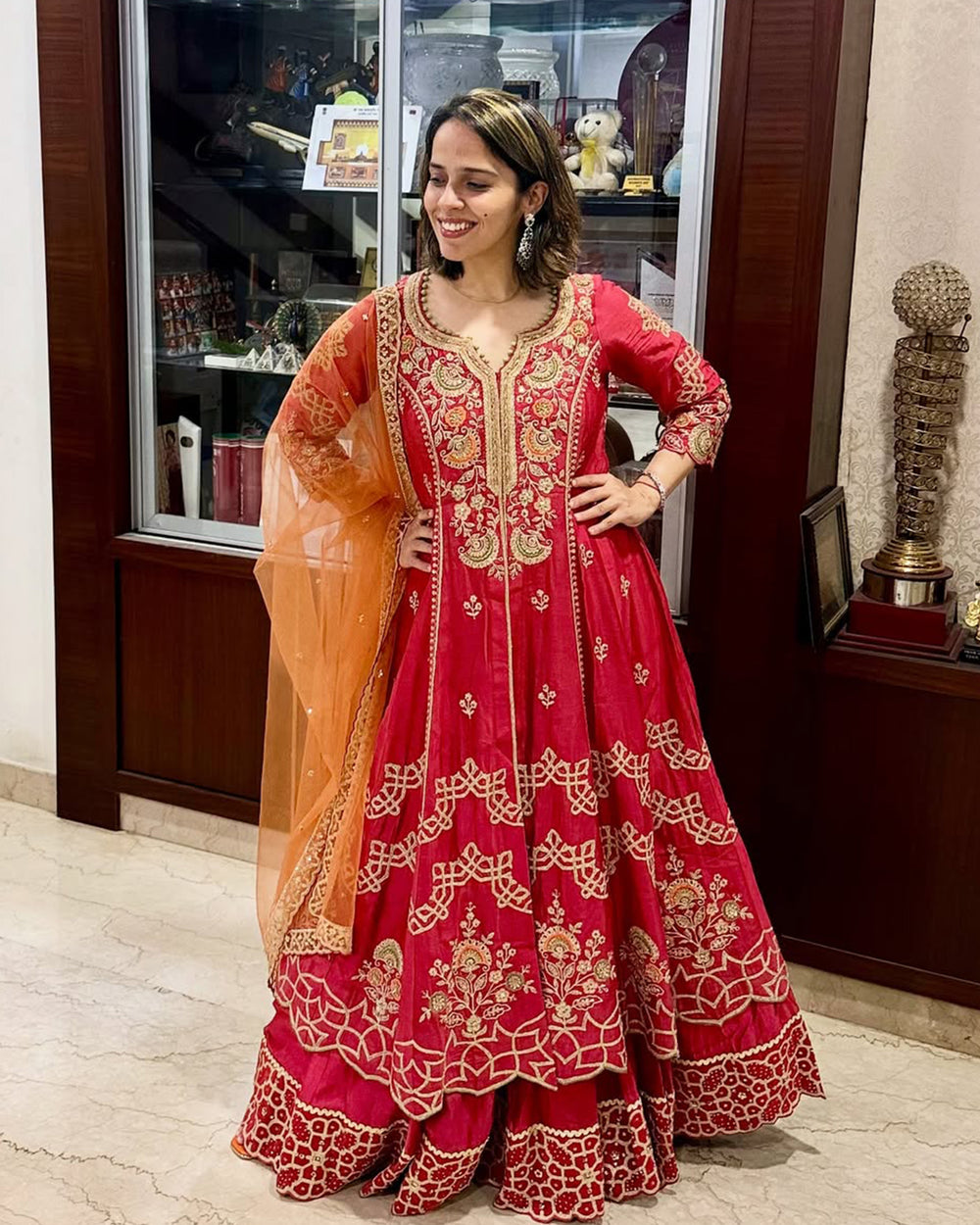 Saina Nehwal In Umber Chanderi Silk Lehenga
