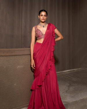 Flamingo Pink Pre-draped Chiffon Saree