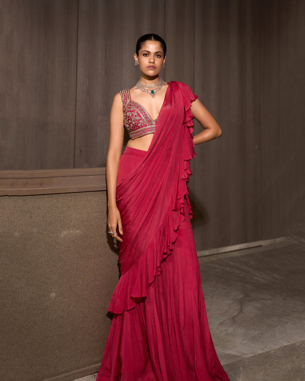 Flamingo Pink Pre-draped Chiffon Saree
