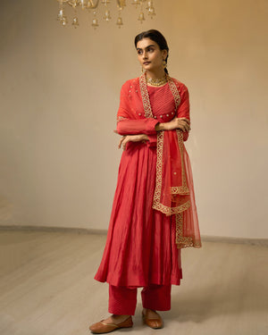 Crimson Pleated Chanderi Anarkali Set