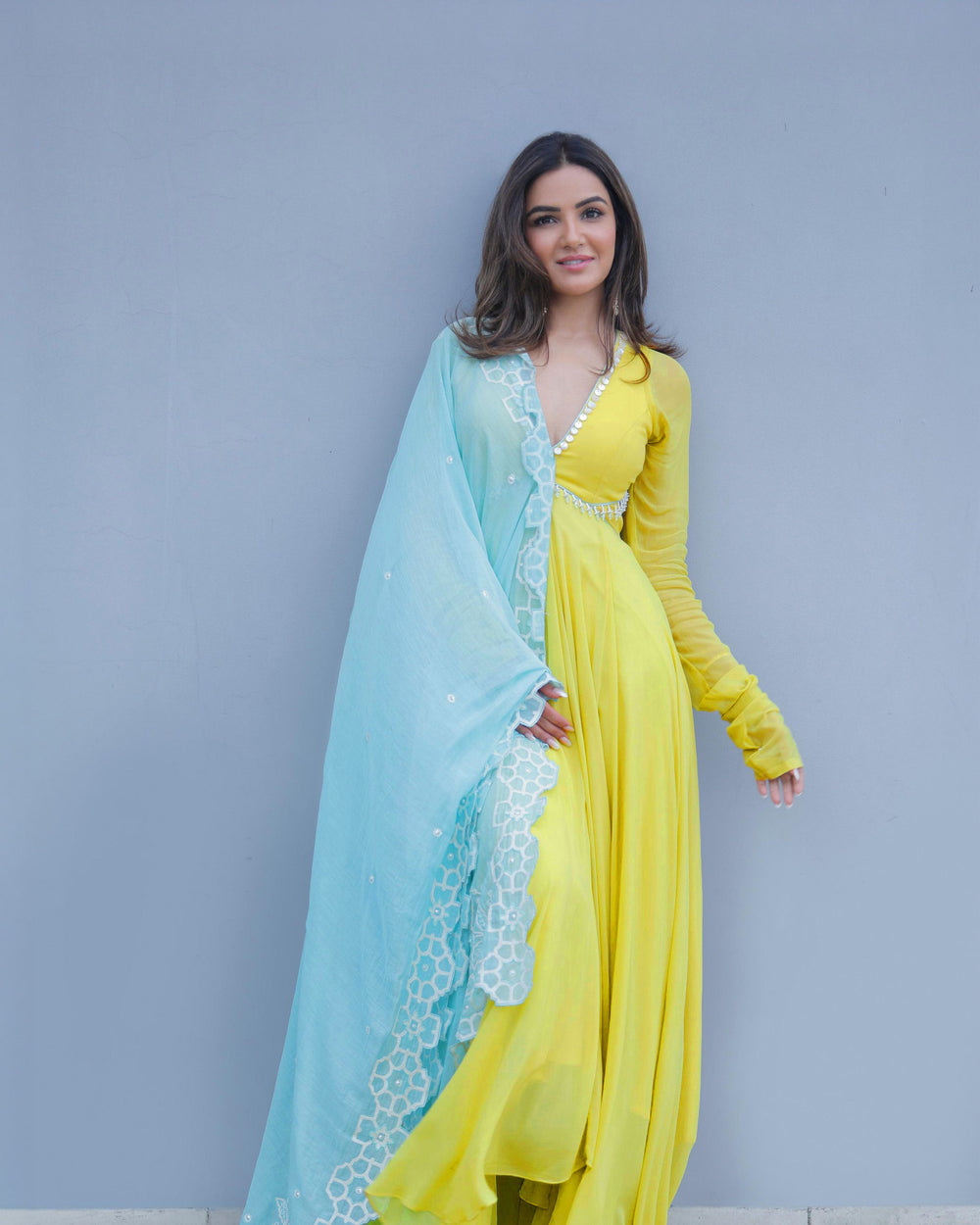 Jasmin Bhasin In Summer Lime Yellow Georgette Anarkali Set