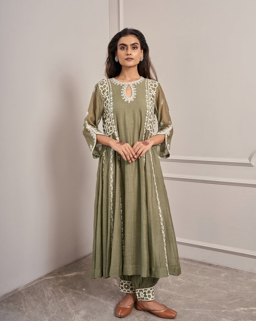 Olive Keyhole Embroidered Kurta Set