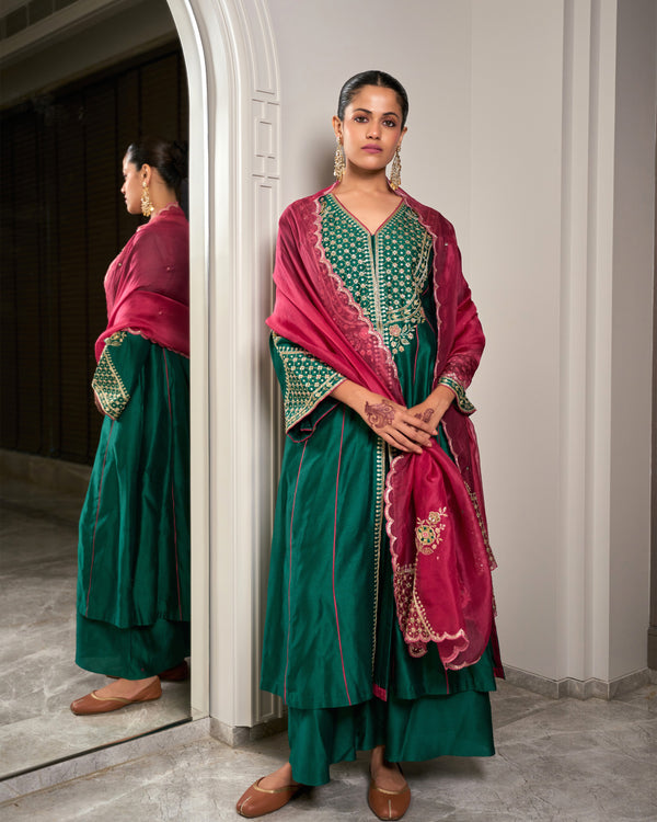 Mahogany Green Chanderi Suit Set