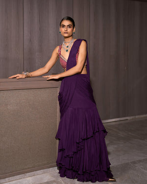 Deep Lilac Pre-draped Chiffon Saree