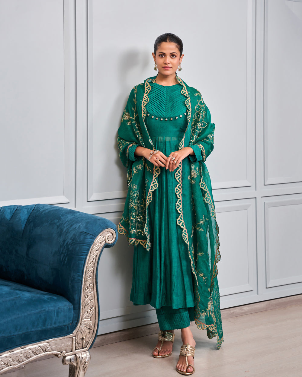 Emerald Pleated Malai Chanderi Anarkali Set