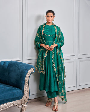 Emerald Pleated Malai Chanderi Anarkali Set
