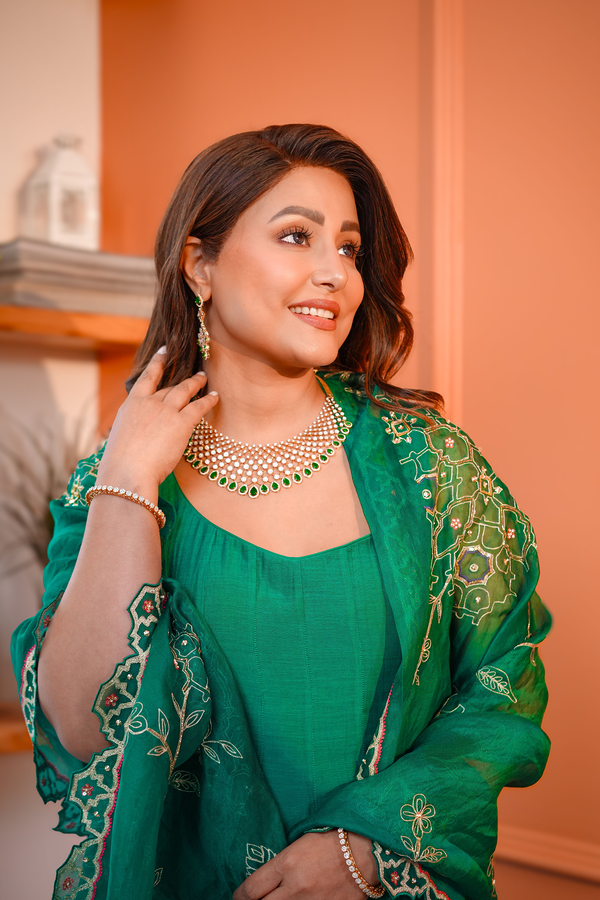 Hina khan In Forest Green Malai Chanderi Anarkali Set
