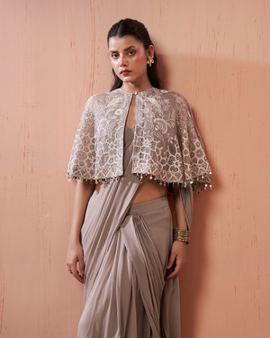 Grey Cape Organza Georgette Drape Saree