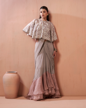Grey Cape Organza Georgette Drape Saree