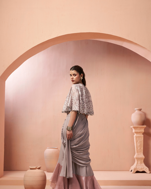 Grey Cape Organza Georgette Drape Saree