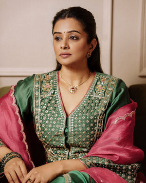 Priyamani Raj In Mahogany Green Chanderi Silk Set