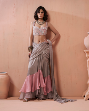 Misty Grey Satin Chiffon Organza Silk Drape Saree