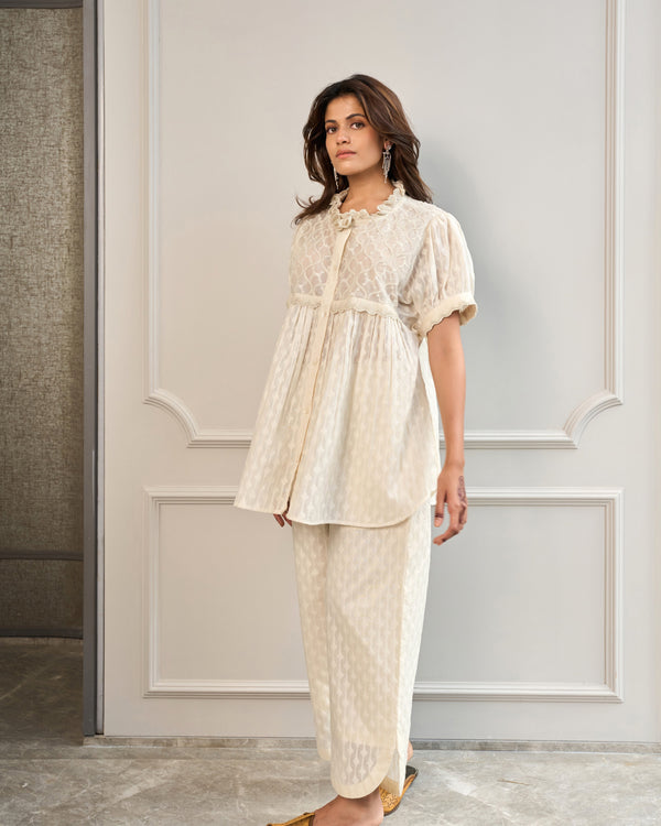 Cream Sequined Jacquard Co-ord Set