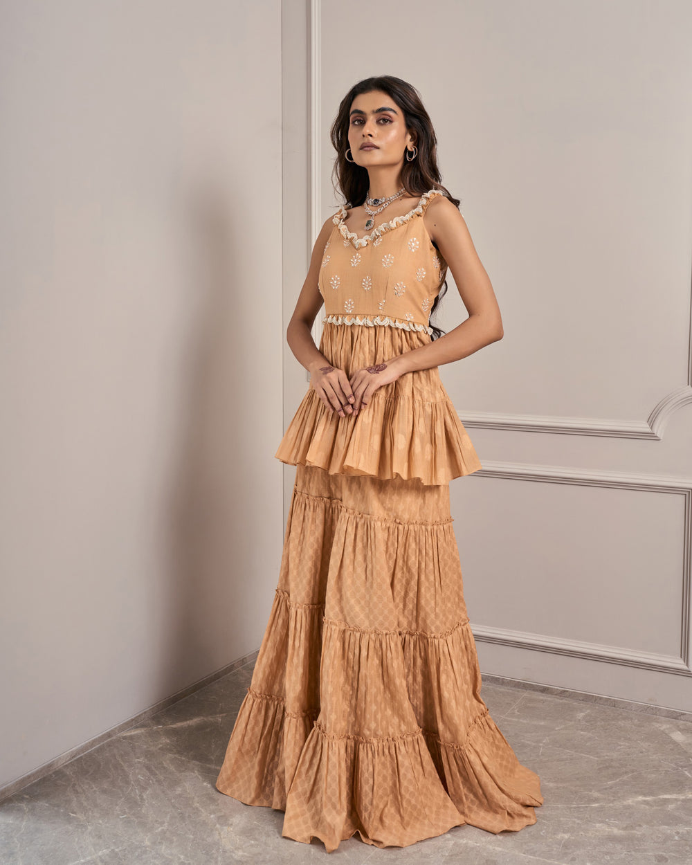 Apricot Jacquard Embroidered Skirt Set