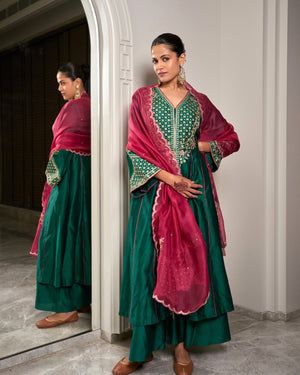 Mahogany Green Chanderi Suit Set