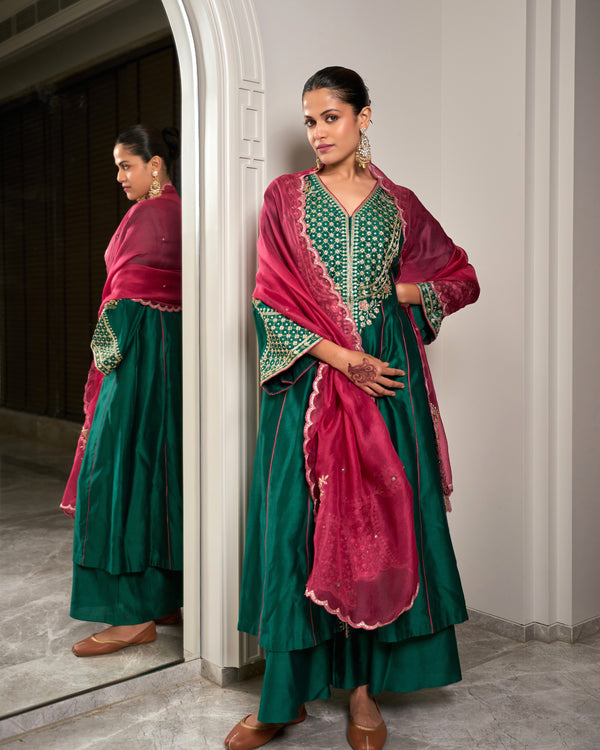 Mahogany Green Chanderi Suit Set