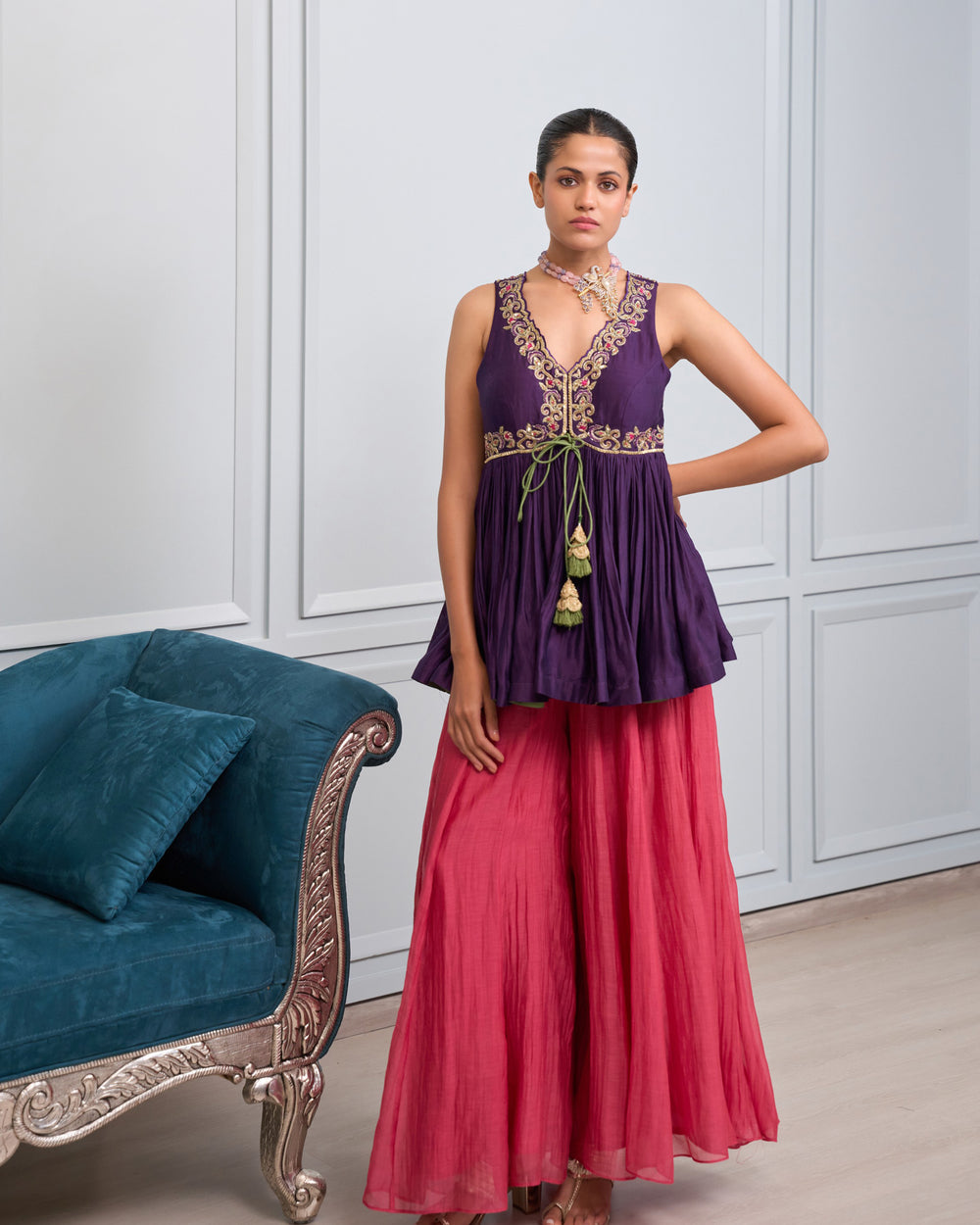 Violet Sequined Peplum Palazzo Set