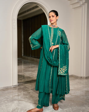 Turquoise Embroidered Chanderi Suit Set