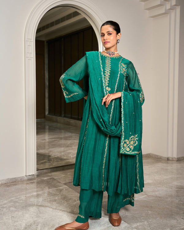 Turquoise Embroidered Chanderi Suit Set