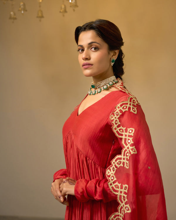 Magenta Malai Chanderi Anarkali Set