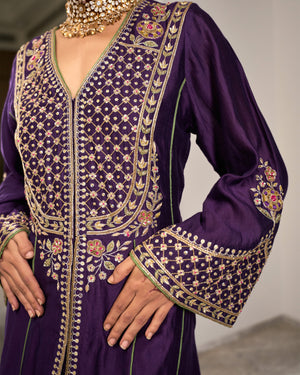 Plum Bell Sleeve Heavywork Kurta Set