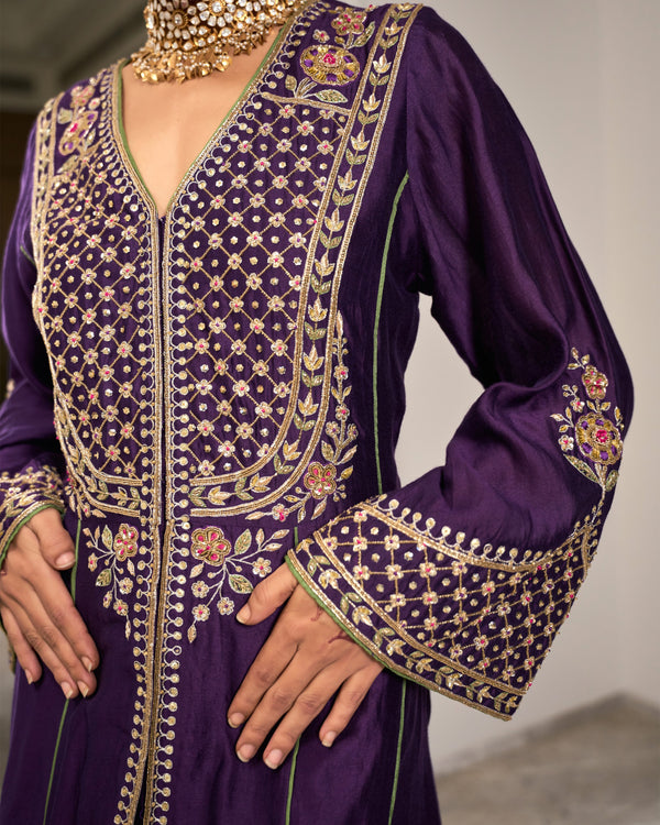 Plum Bell Sleeve Heavywork Kurta Set