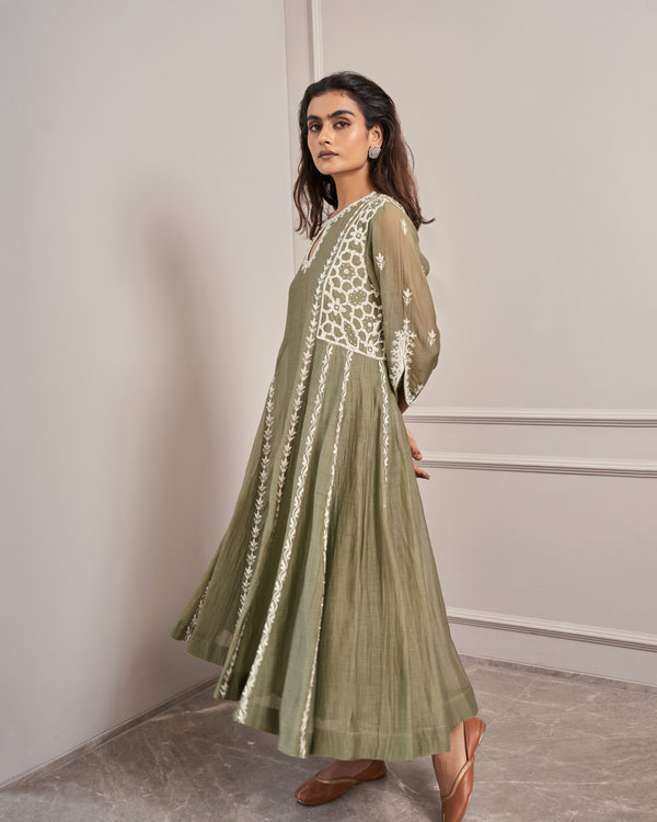 Olive Keyhole Embroidered Kurta Set