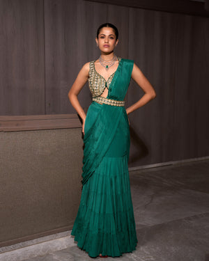 Teal Pre-draped Chiffon Saree