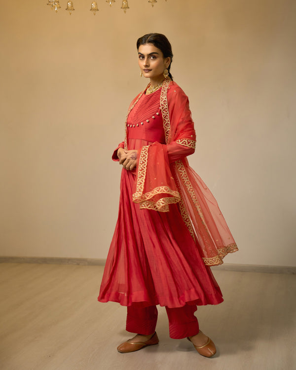 Crimson Pleated Chanderi Anarkali Set