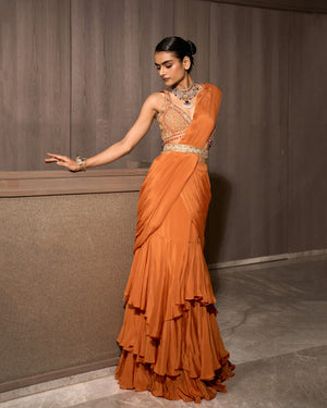 Copper Orange Pre-draped Chiffon Saree