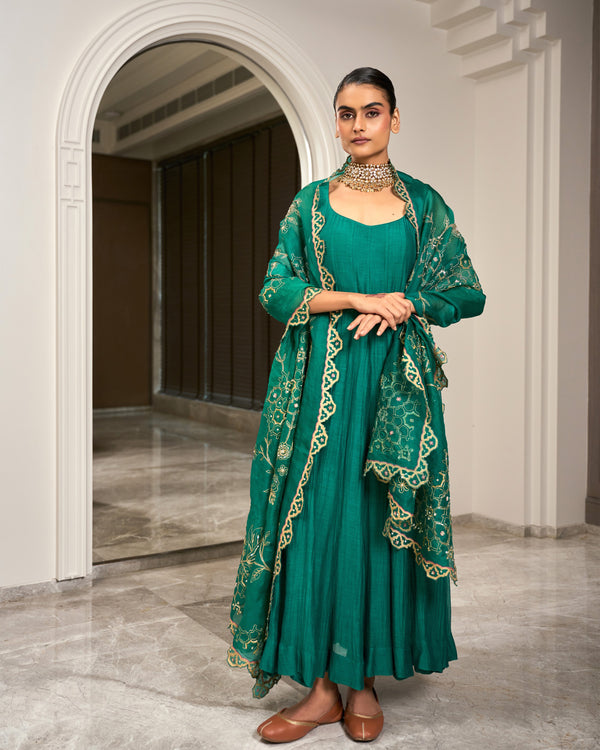 Forest Green Chanderi Anarkali Set