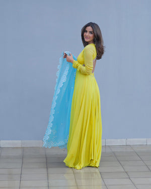 Jasmin Bhasin In Summer Lime Yellow Georgette Anarkali Set