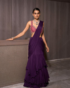 Deep Lilac Pre-draped Chiffon Saree