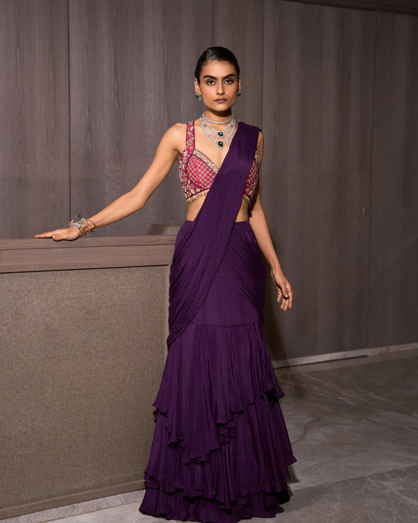 Deep Lilac Pre-draped Chiffon Saree