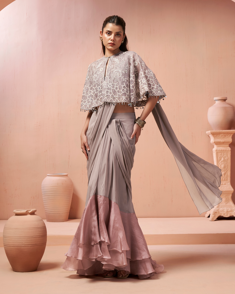 Grey Cape Organza Georgette Drape Saree