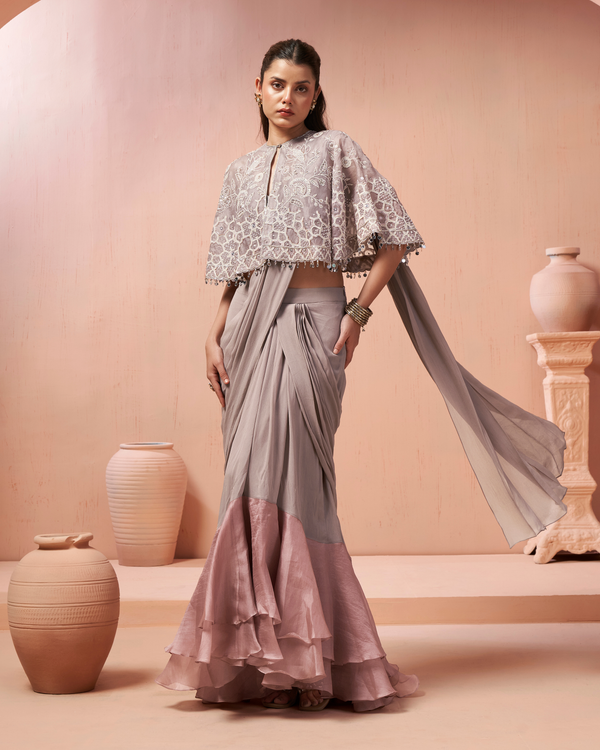Grey Cape Organza Georgette Drape Saree