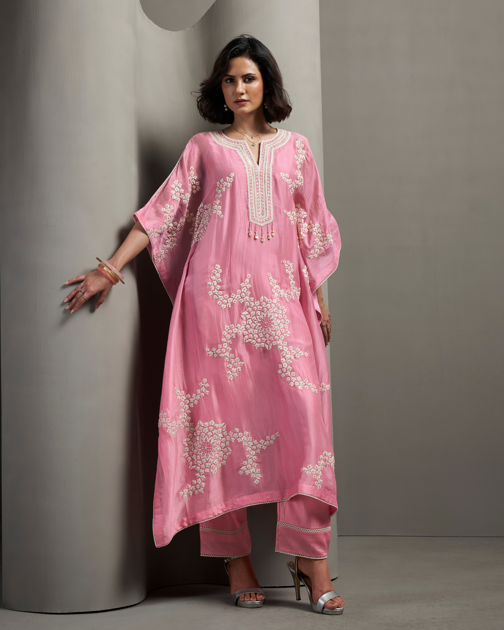 Blush Haze Organza Satin Kaftan Set