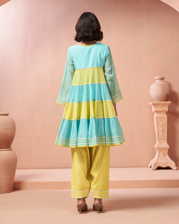 Aqua Yellow Malai Chanderi Peplum Set