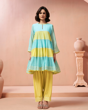 Aqua Yellow Malai Chanderi Peplum Set