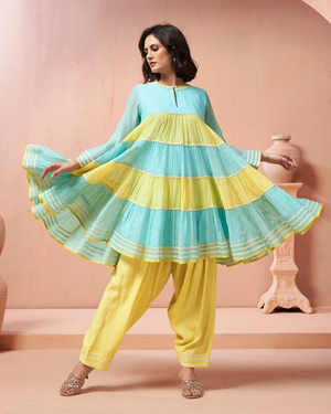 Aqua Yellow Malai Chanderi Peplum Set