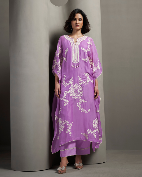 Lilac Mist Organza Satin Kaftan Set
