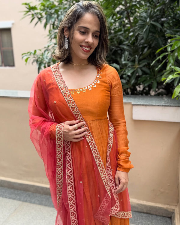 Saina Nehwal In Terracotta Mirrorwork Chanderi Suit Set