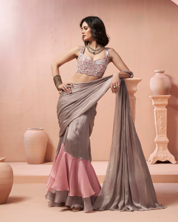 Misty Grey Satin Chiffon Organza Silk Drape Saree