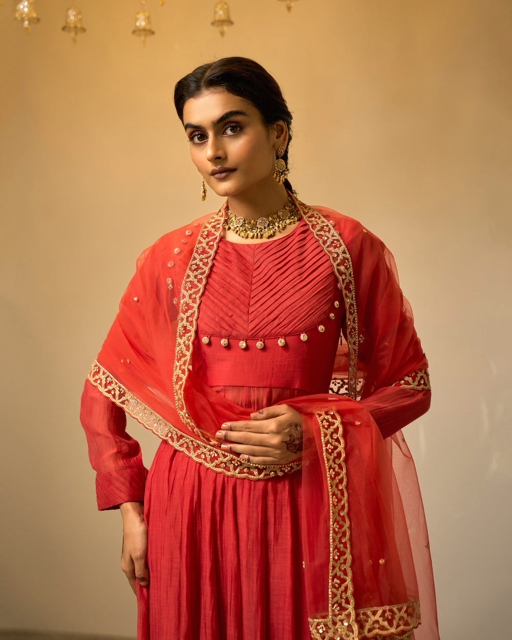Crimson Pleated Chanderi Anarkali Set