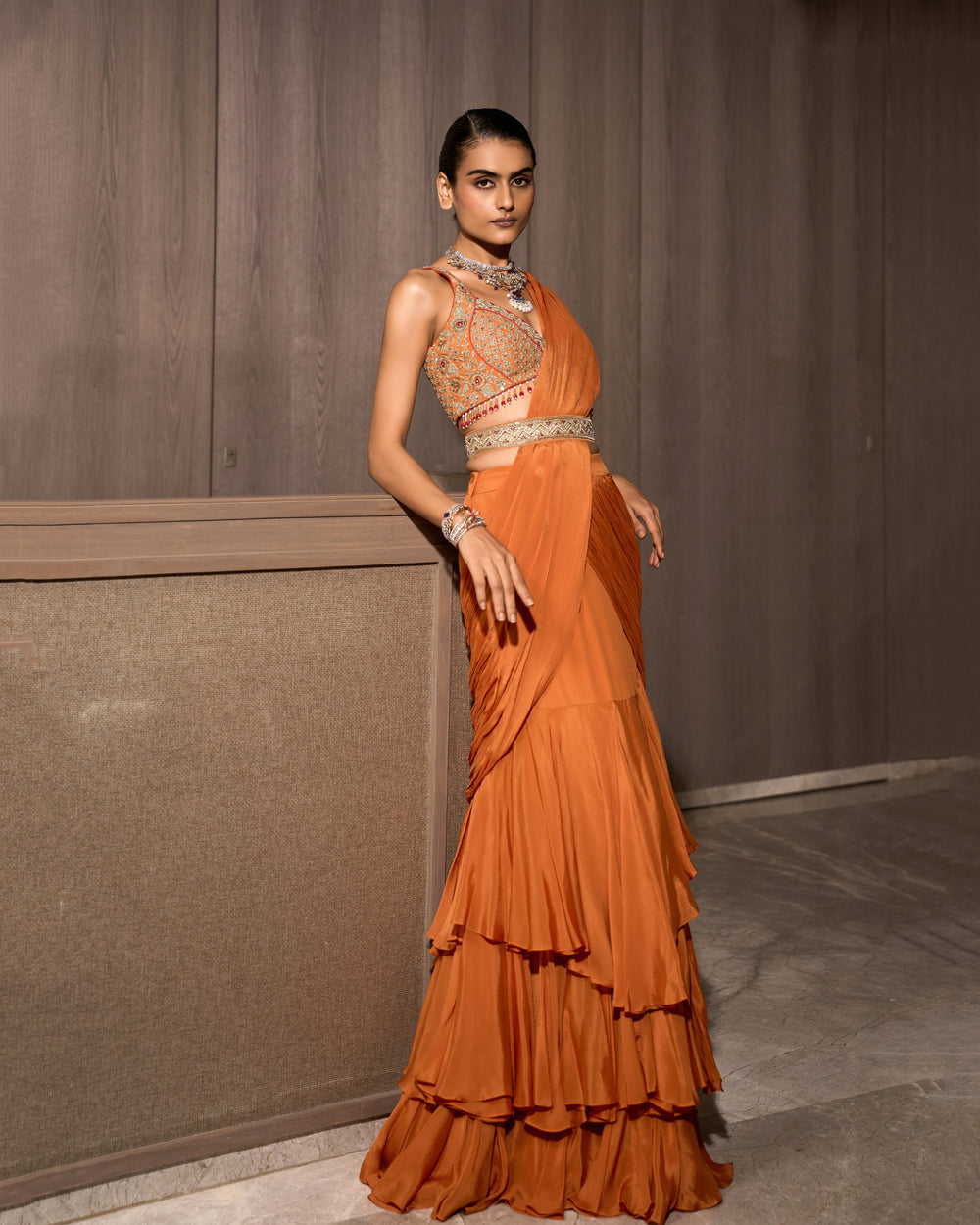 Copper Orange Pre-draped Chiffon Saree