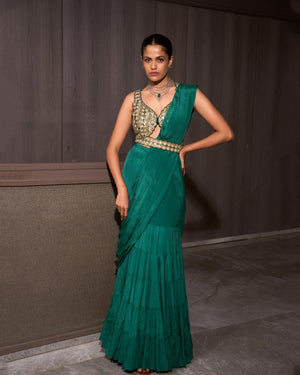 Teal Pre-draped Chiffon Saree