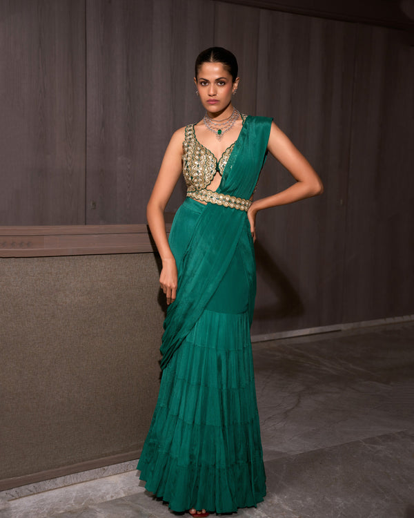 Teal Pre-draped Chiffon Saree