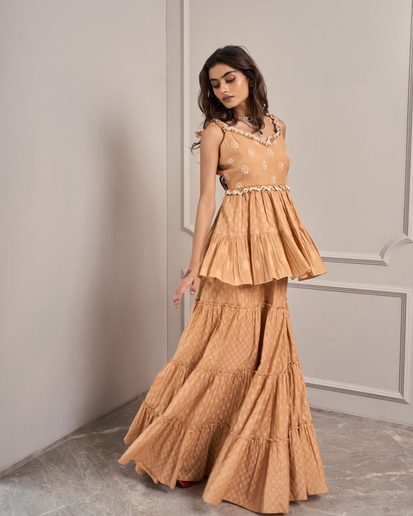 Apricot Jacquard Embroidered Skirt Set